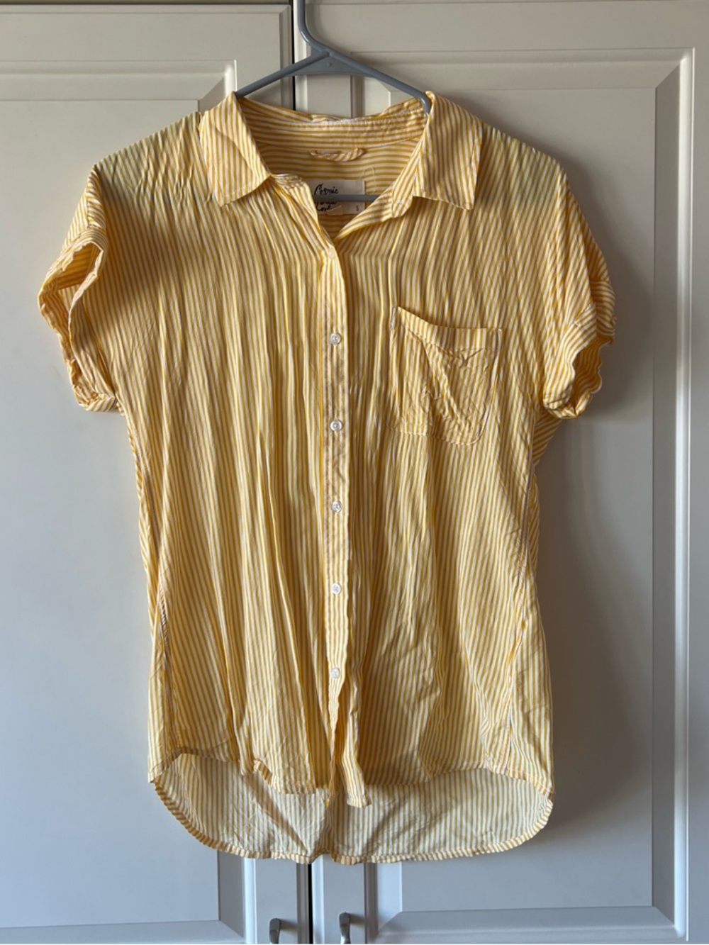 Yellow Striped Short-Sleeve Button Front Blouse